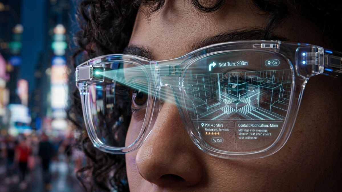 A person wearing futuristic Google Project Castor AR glasses demonstrating micro-LED retinal projection