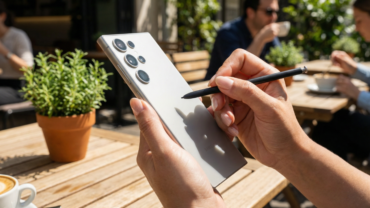 Close-up photograph of using the Samsung Galaxy S26 Ultra S-Pen on the Titanium Silver display at an outdoor cafe table, demonstrating the stylus precision despite the lack of Bluetooth features.