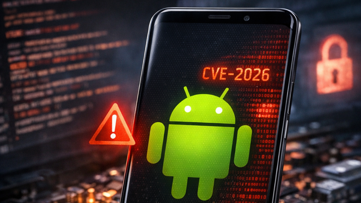 showing an ominous red CVE-2026 Qualcomm vulnerability warning juxtaposed against the official Android 16 March 2026 System Update restart button.