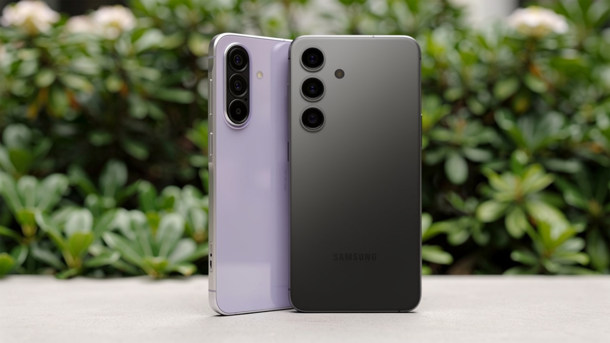 3D Rendered image of Galaxy A57 and S24 Ultra in forest