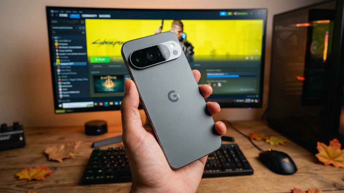 Person Holding Google Pixel 10 running Steam games on the computer in background