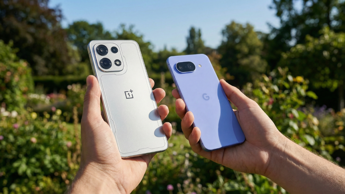 Person Holding Pixel 10a and OnePlus Nord 6 doing comparison in forest