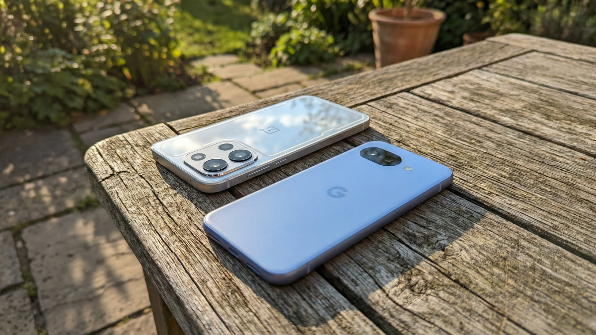 3d Rendered Closed Image of Pixel 10a and OnePlus Nord 6 on table in forest