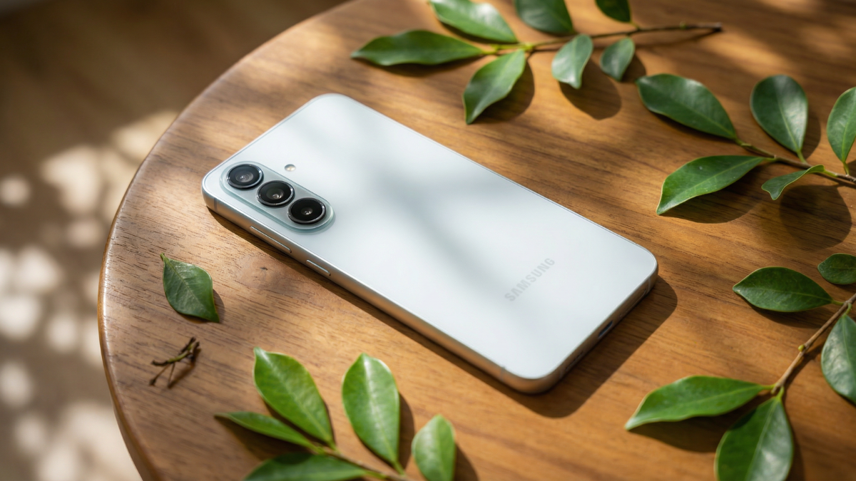 3D Rendered Photography of Samsung Galaxy A57 on table with leaves