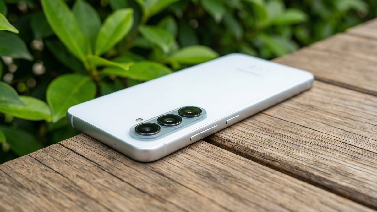 Closed Samsung Galaxy A57 photography with leaves in background