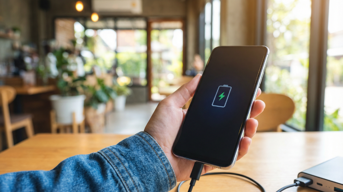 Men holds a android smartphone displaying charging battery in a hotel.