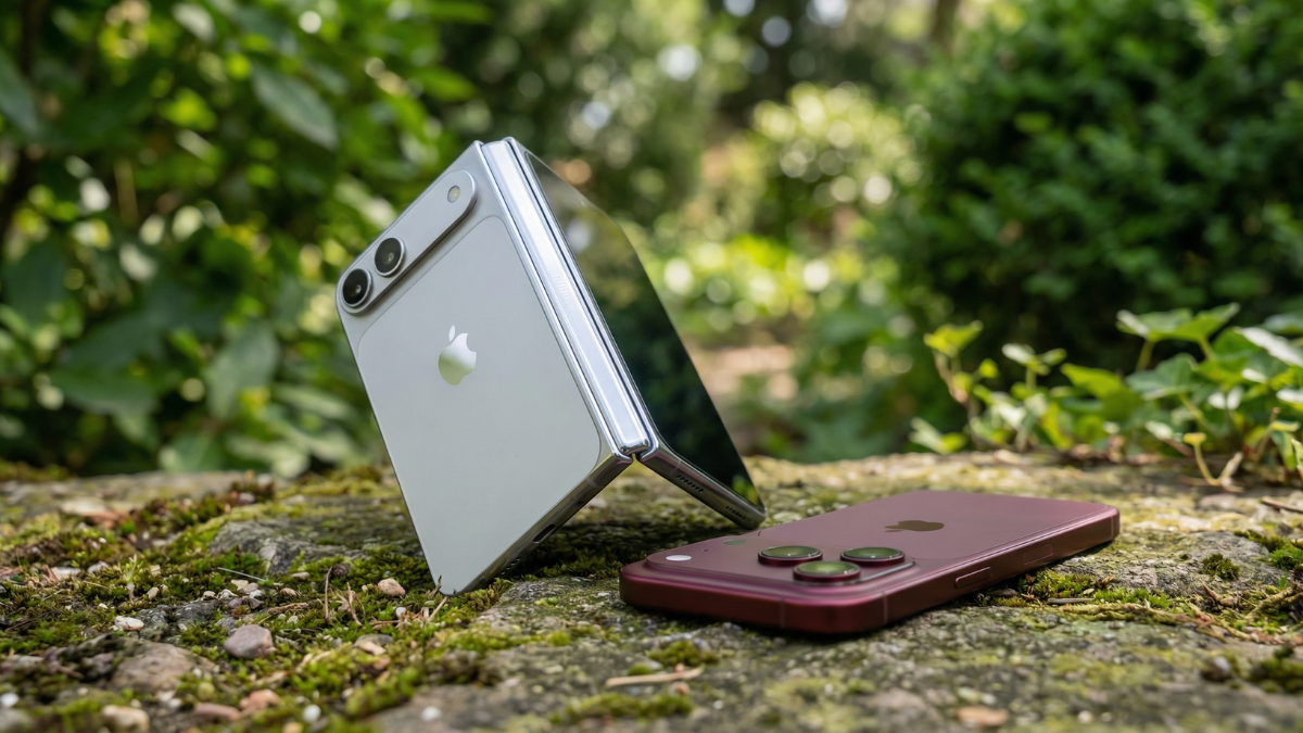 Apple first Foldable iPhone 3d concept rendered in a forest with iPhone 18 Pro Max