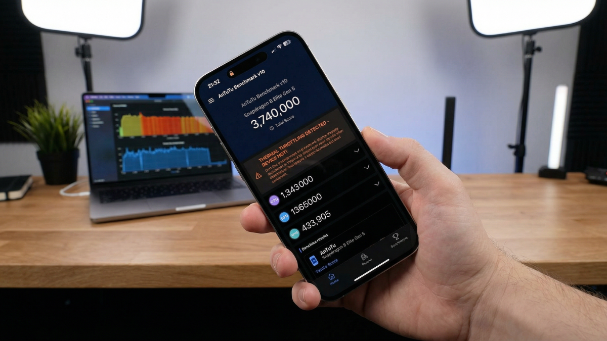 Ameer Hamza holding smartphone showing Snapdragon 8 Elite Gen 5 benchmark AnTuTu Score